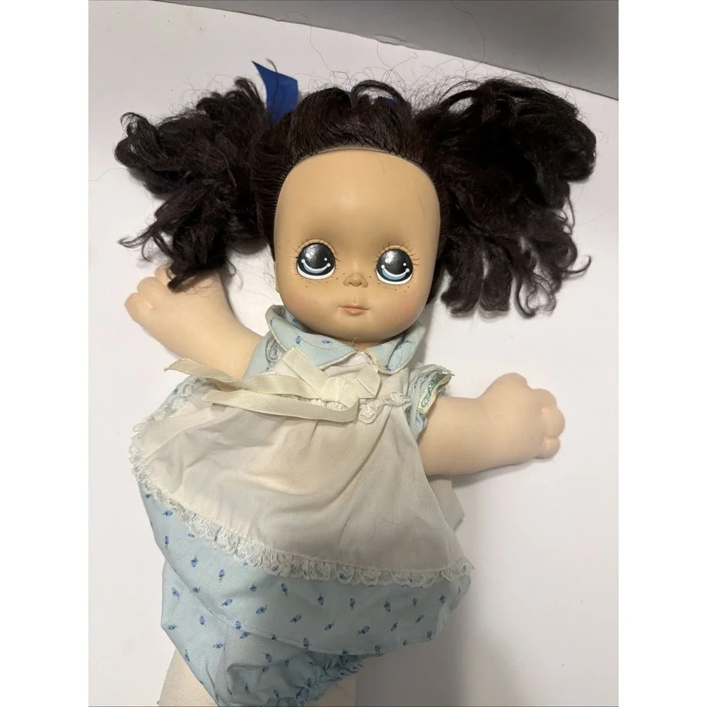 Vintage Coleco Cabbage Patch Kids Doll Brown Hair Blue Eyes Floral Dress 1980s